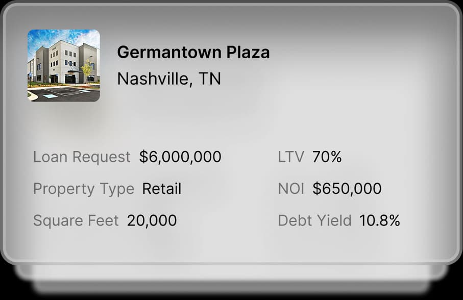 Commercial real estate deal card showing loan details